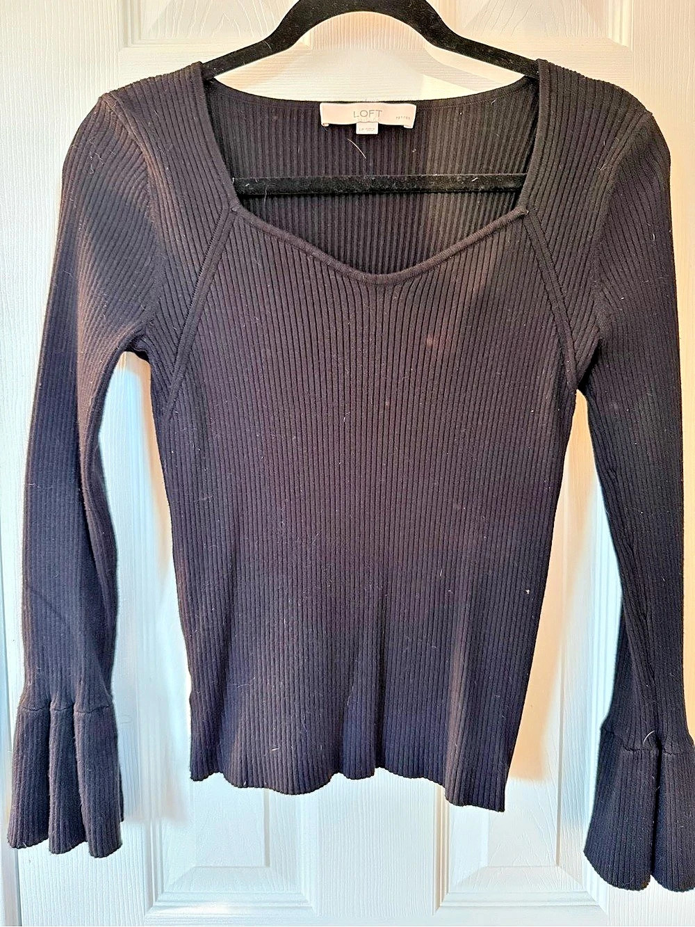LOFT Ribbed Sweetheart Neck Flare Cuff Sweater Black
